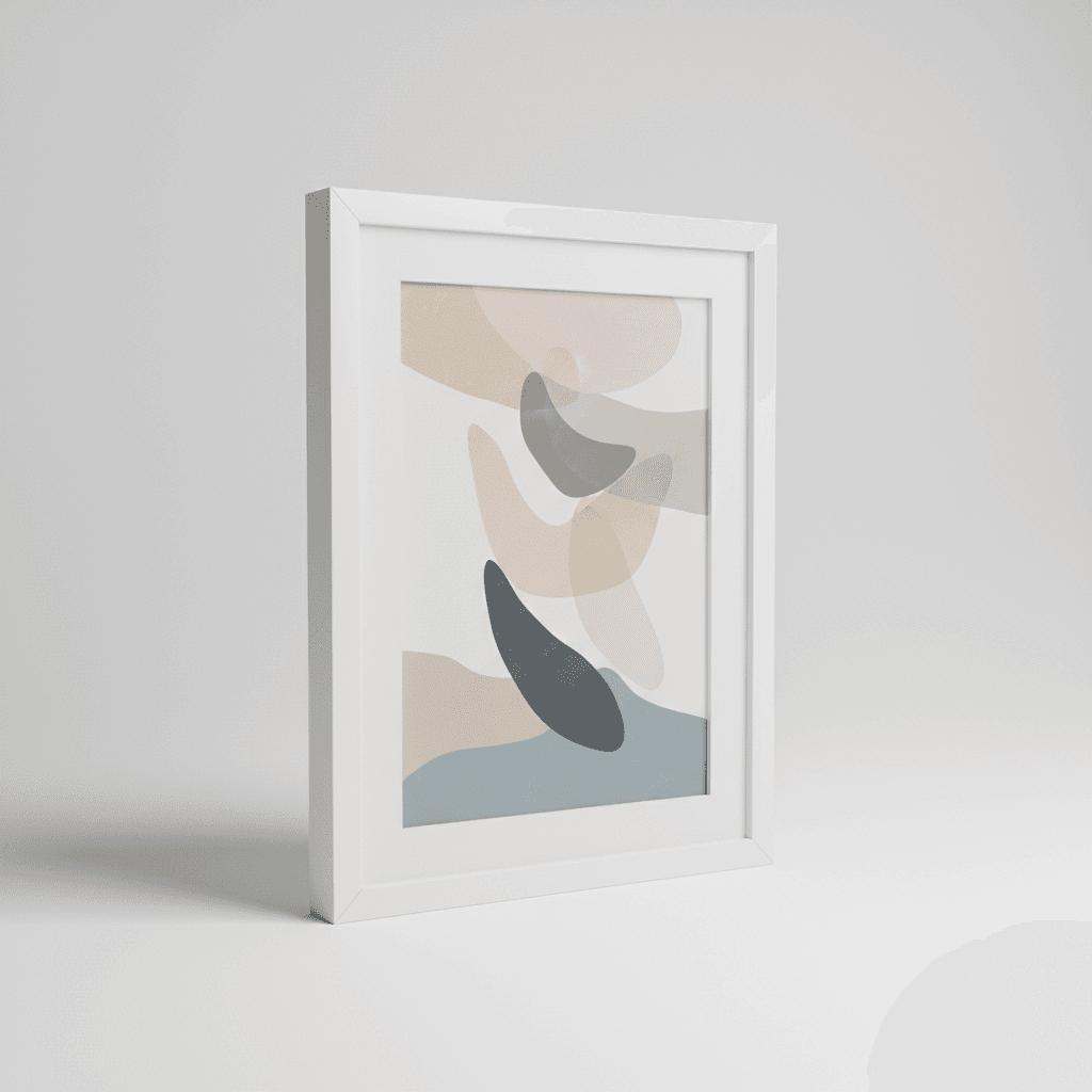 White Wood-Framed Abstract Art Print