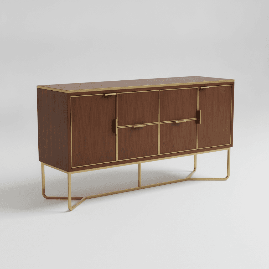 Walnut Wood Brass-Trim Sideboard